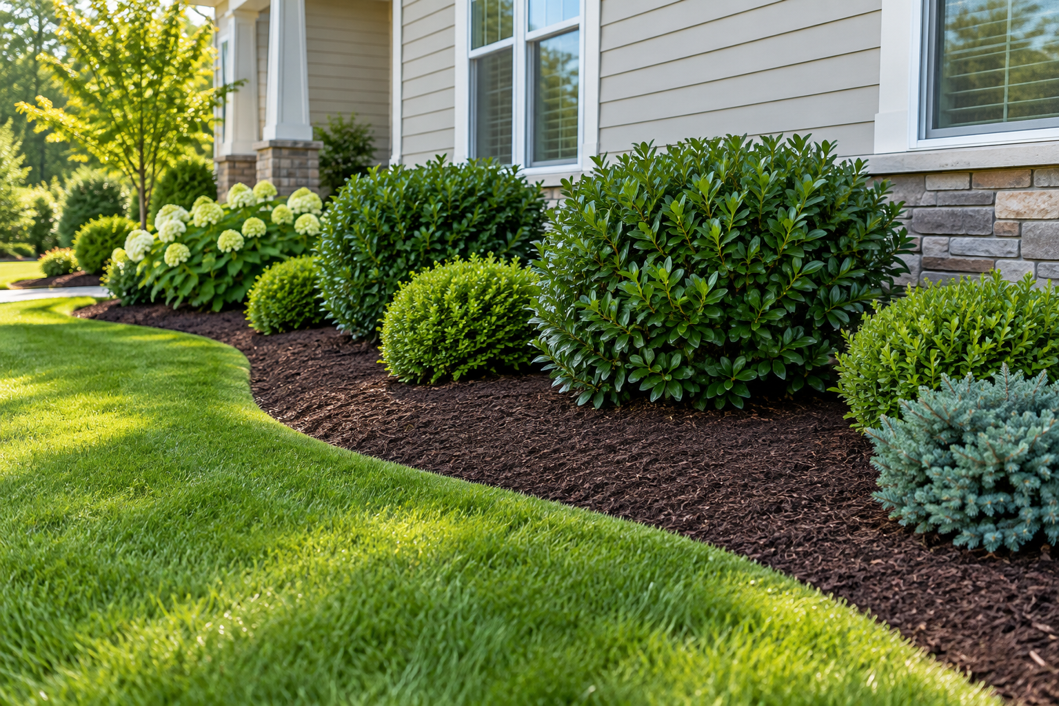 A freshly mulched garden bed beside a trimmed lawn