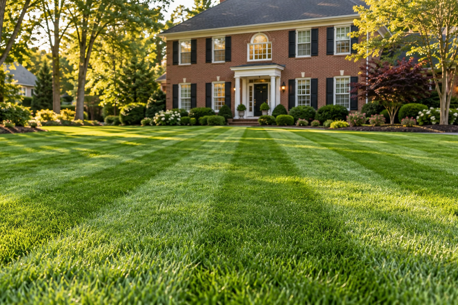 Freshly striped suburban lawn in front of a brick house