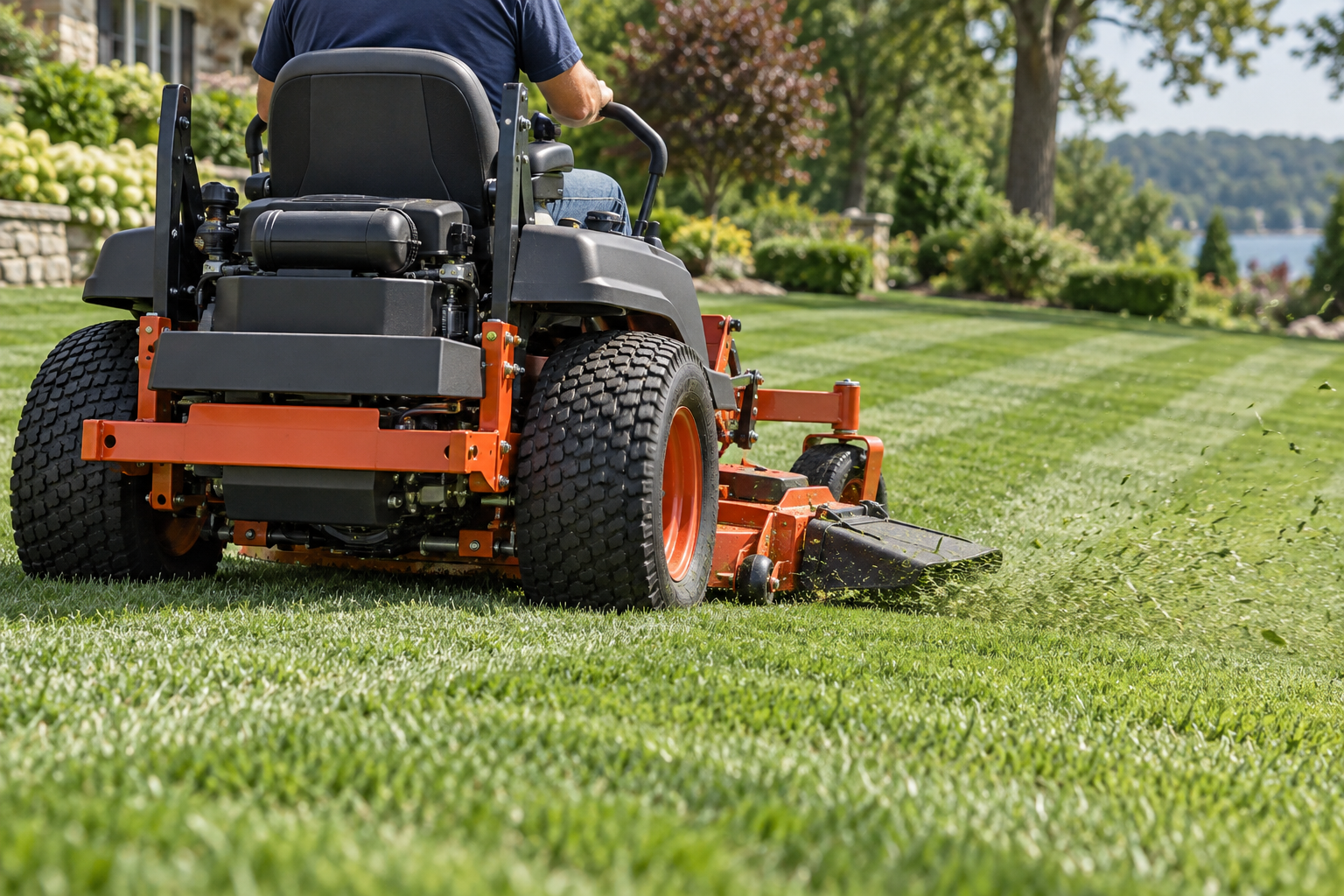A mower cutting a green lawn, operator seen from behind